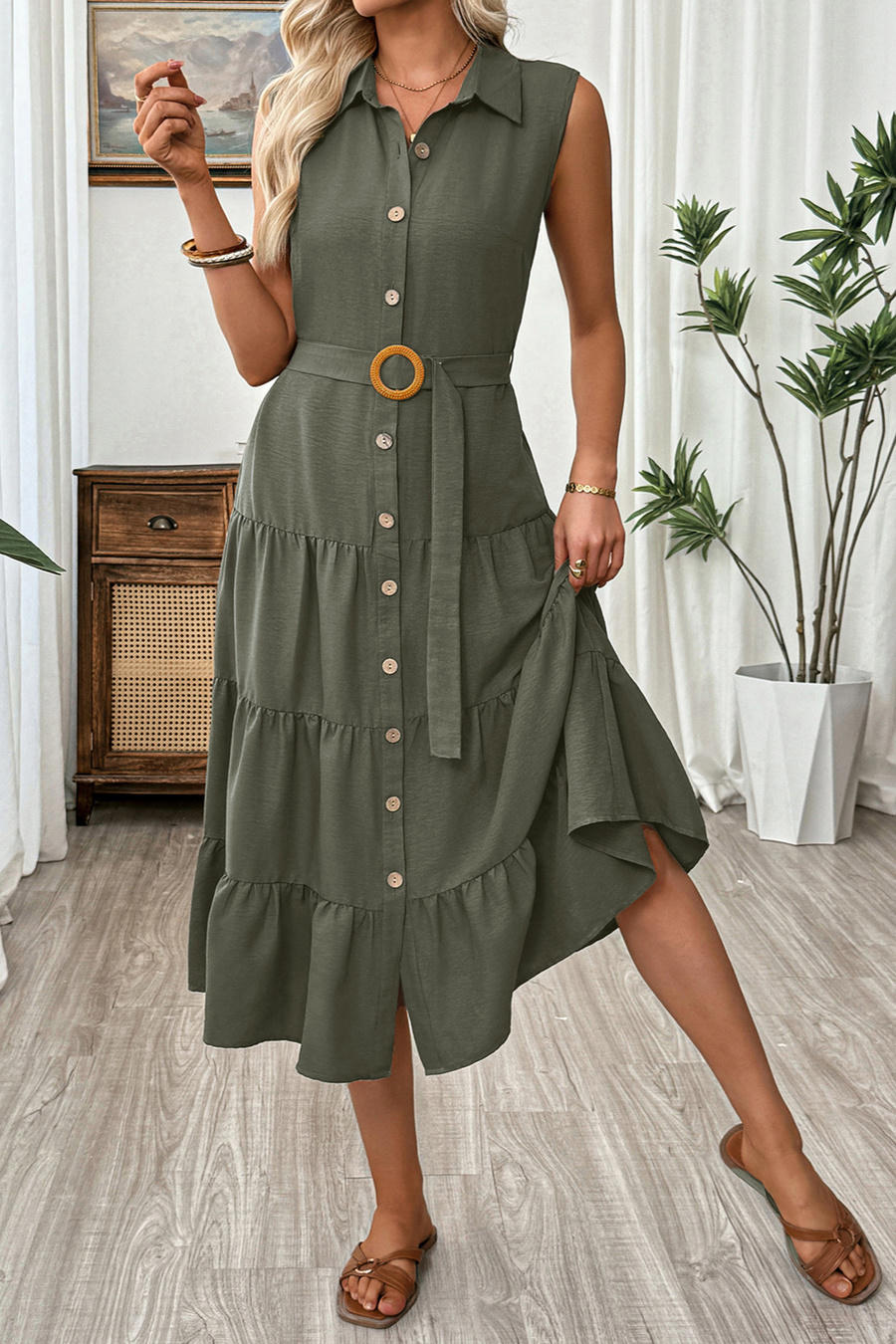 Olive Tier Dress – Side View | Women's Maxi Dress