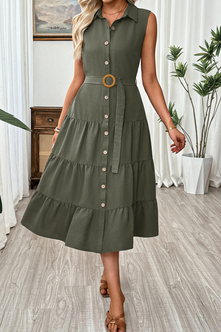 Olive Tier Dress – Detail View | Women's Maxi Dress