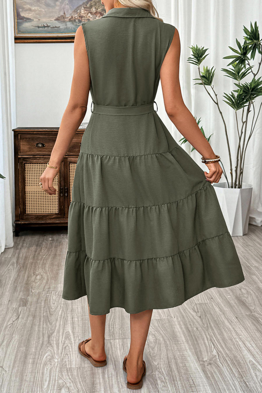 Olive Tier Dress – Back View | Women's Maxi Dress