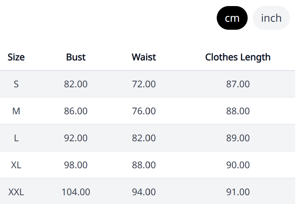 Obsidian Tier Dress – Size Chart