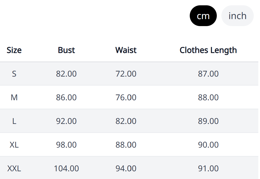 Obsidian Tier Dress – Size Chart