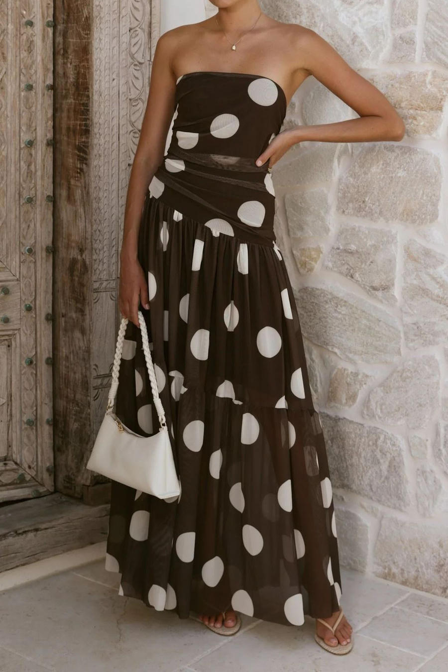 Cocoa Polka Dress – Side View | Women's Maxi Dress