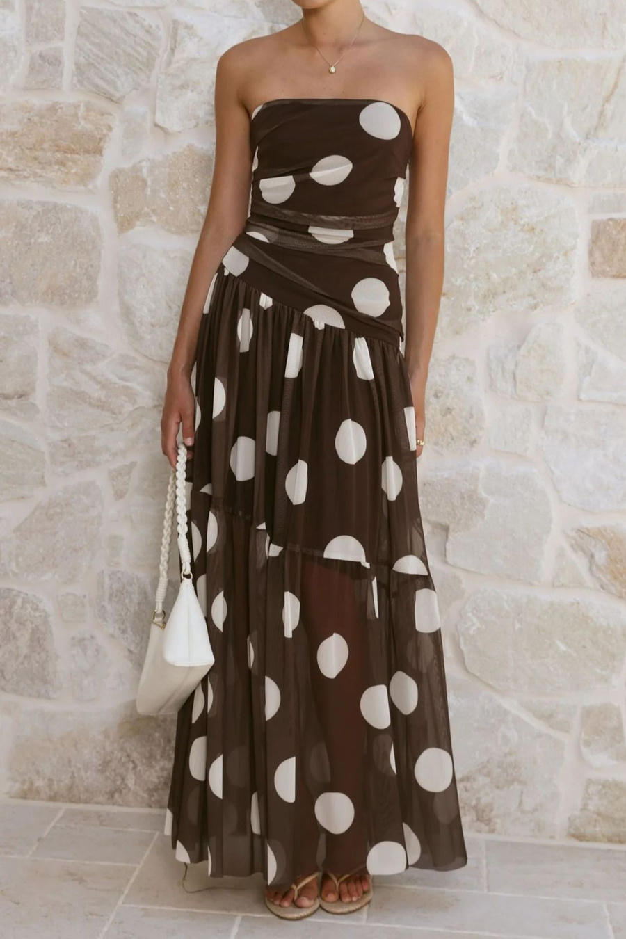 Cocoa Polka Dress – Detail View | Women's Maxi Dress