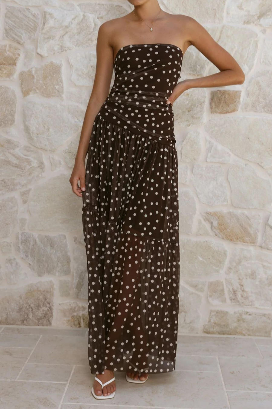 Cocoa Sheer Flow – Detail View | Women's Maxi Dress