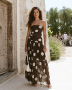 Cocoa Polka Dress – Front View | Women's Maxi Dress