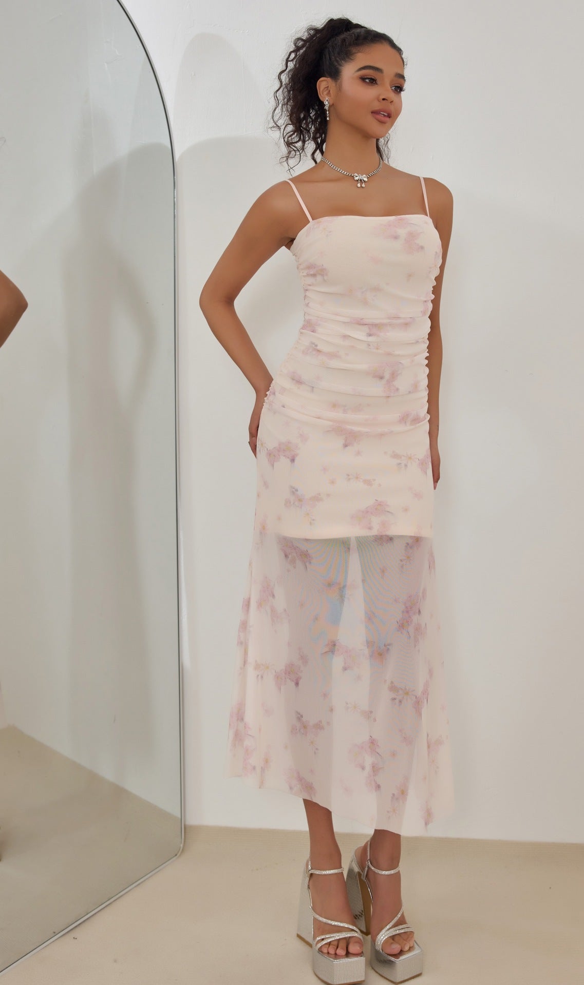 Graceful Rosé Whispers Evening Dress – Model View