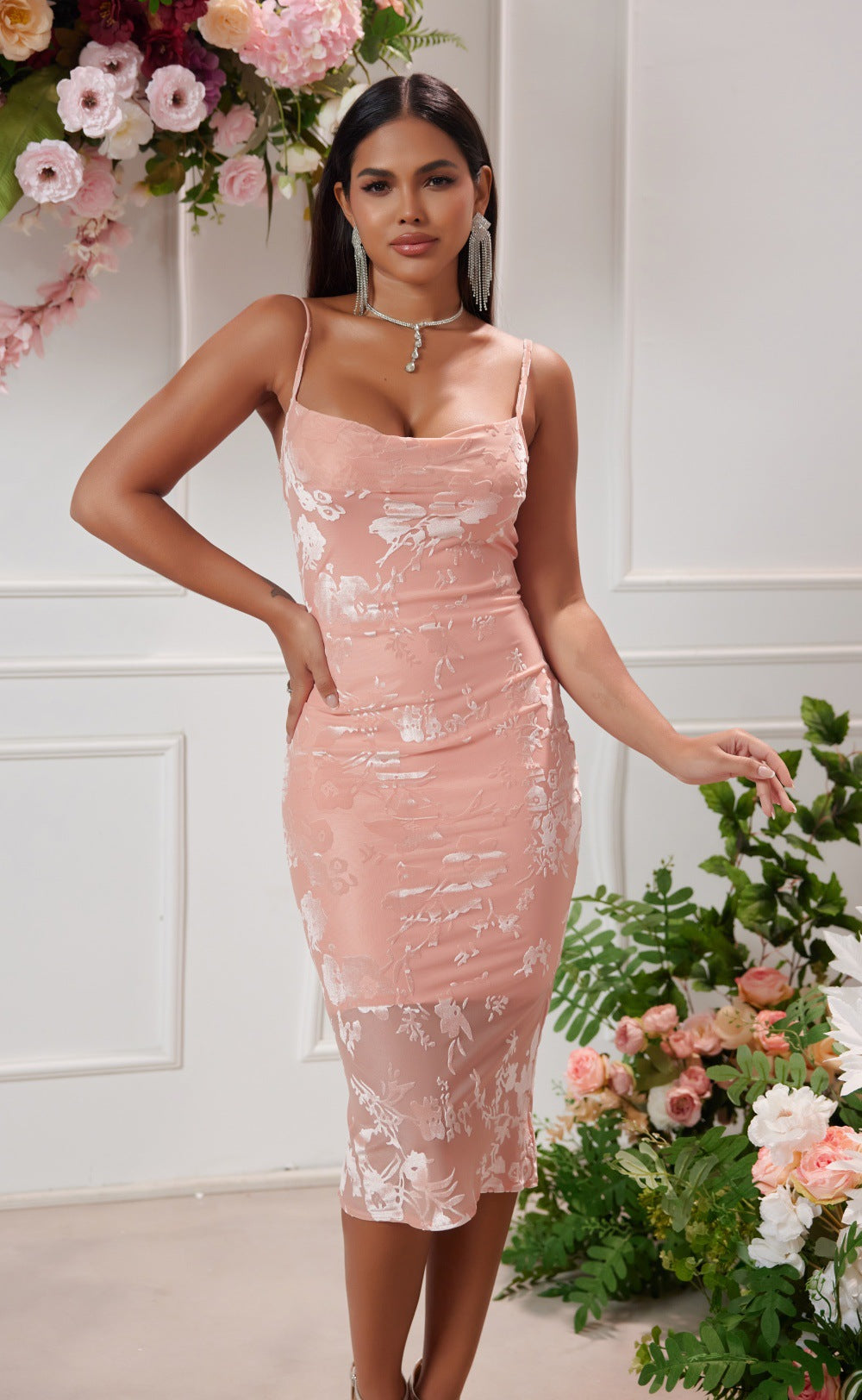 Chic Blossom Veil Evening Dress – Front View