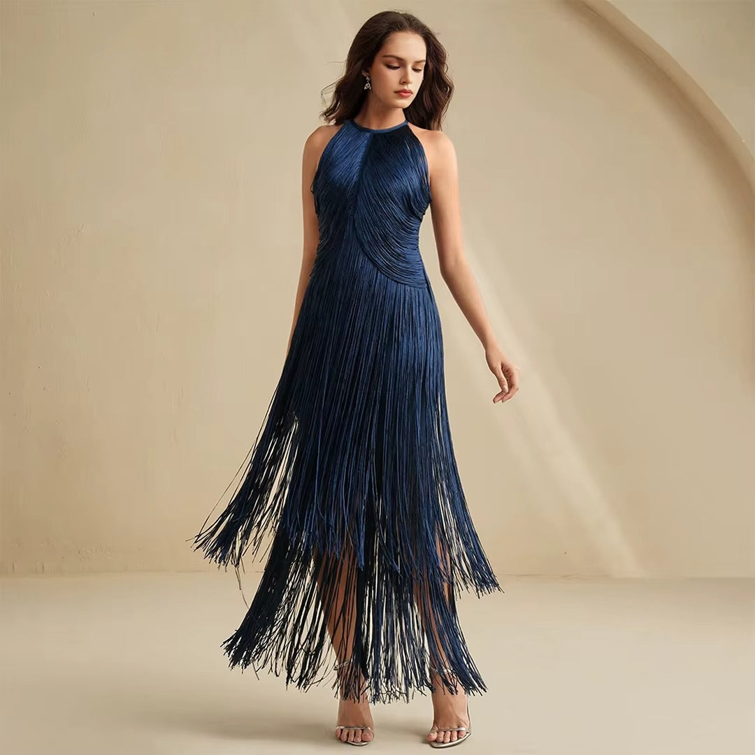 Polished Midnight Fringe Evening Dress – Front View