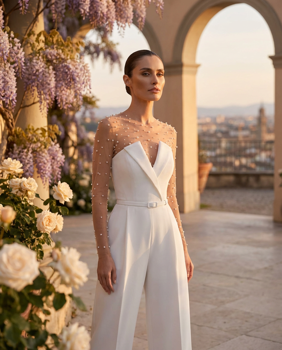 Radiant Ivory Pearl Jumpsuit Evening Dress – Detail View
