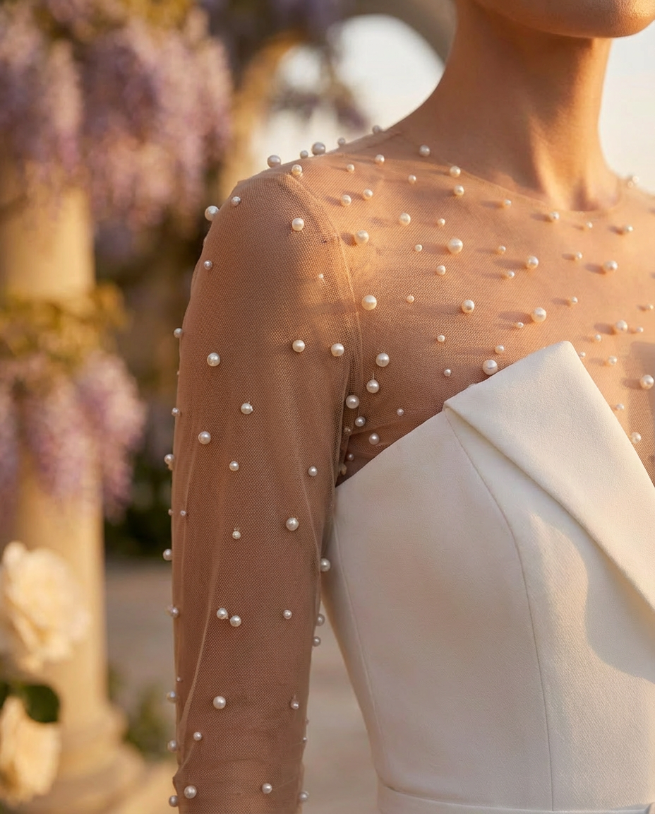 Radiant Ivory Pearl Jumpsuit Evening Dress – Side View