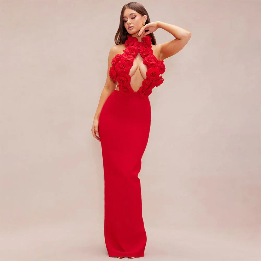 Elegant Midnight Petals Evening Dress – Front View