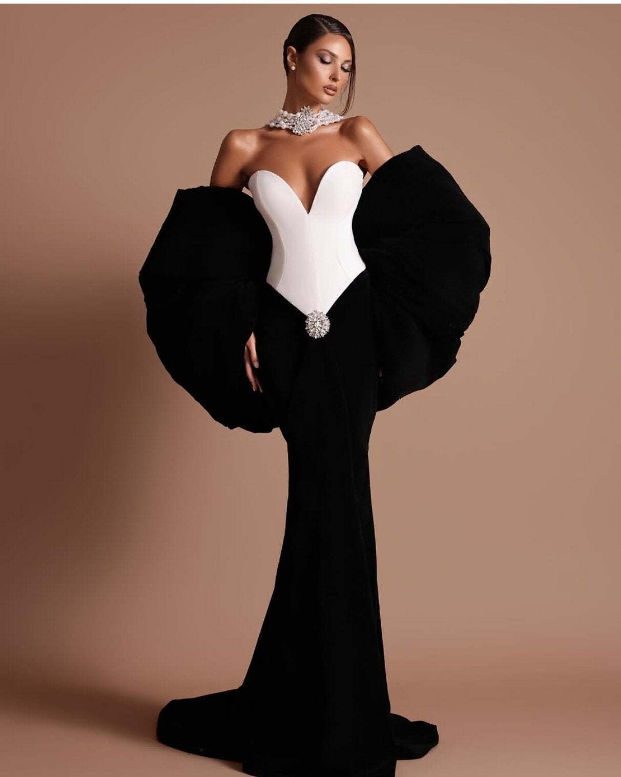 Graceful Crystal Noir Evening Dress – Side View