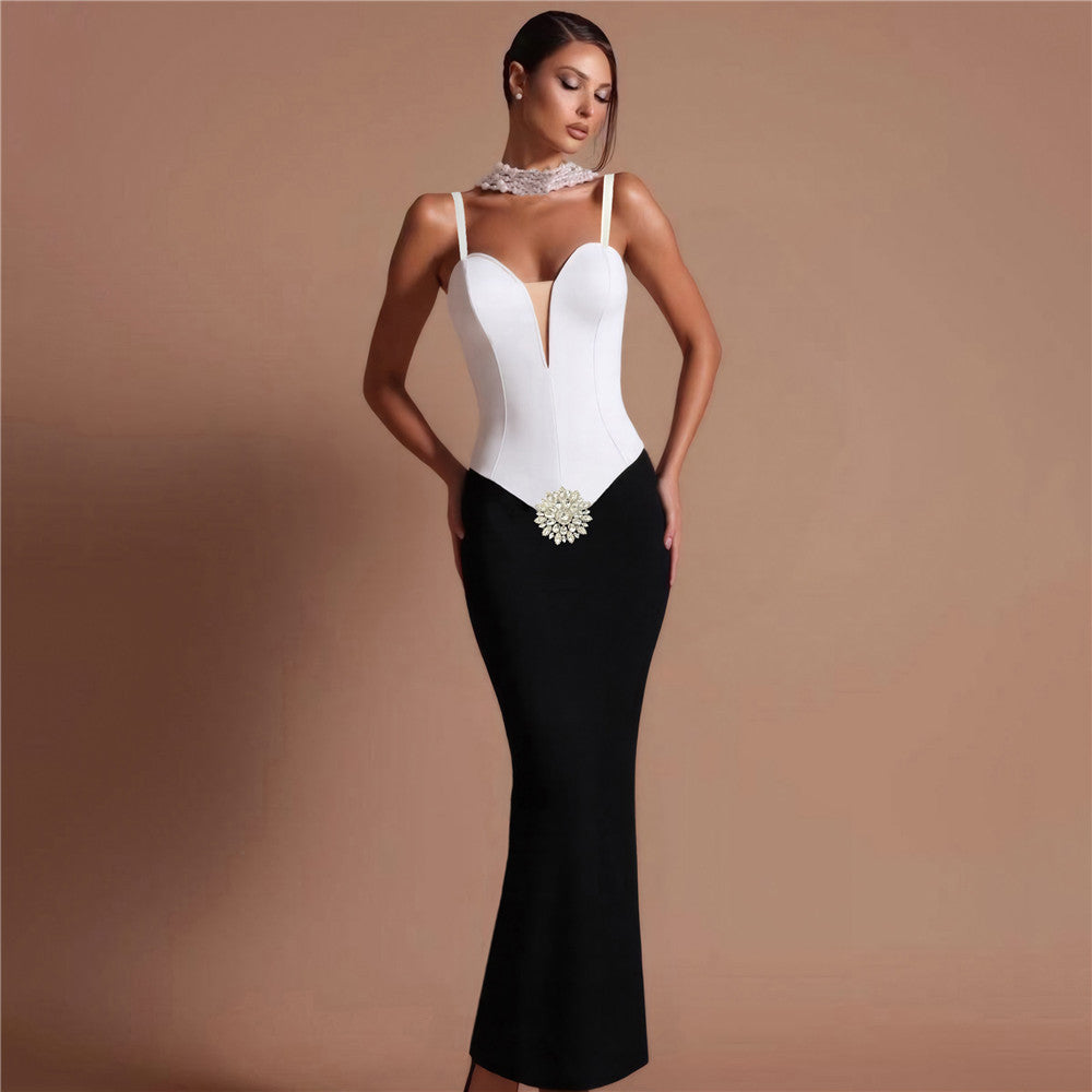 Graceful Crystal Noir Evening Dress – Front View