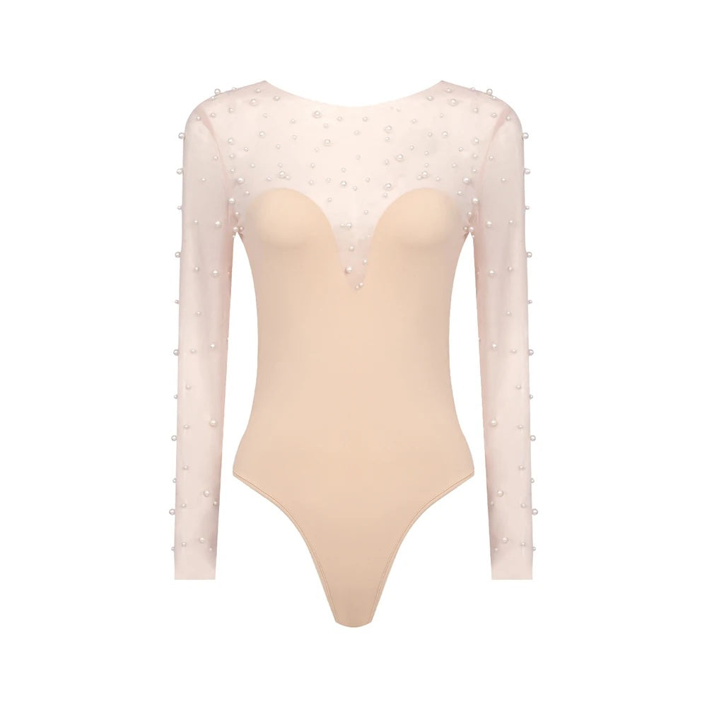 Radiant Ivory Pearl Jumpsuit Evening Dress – Close Up