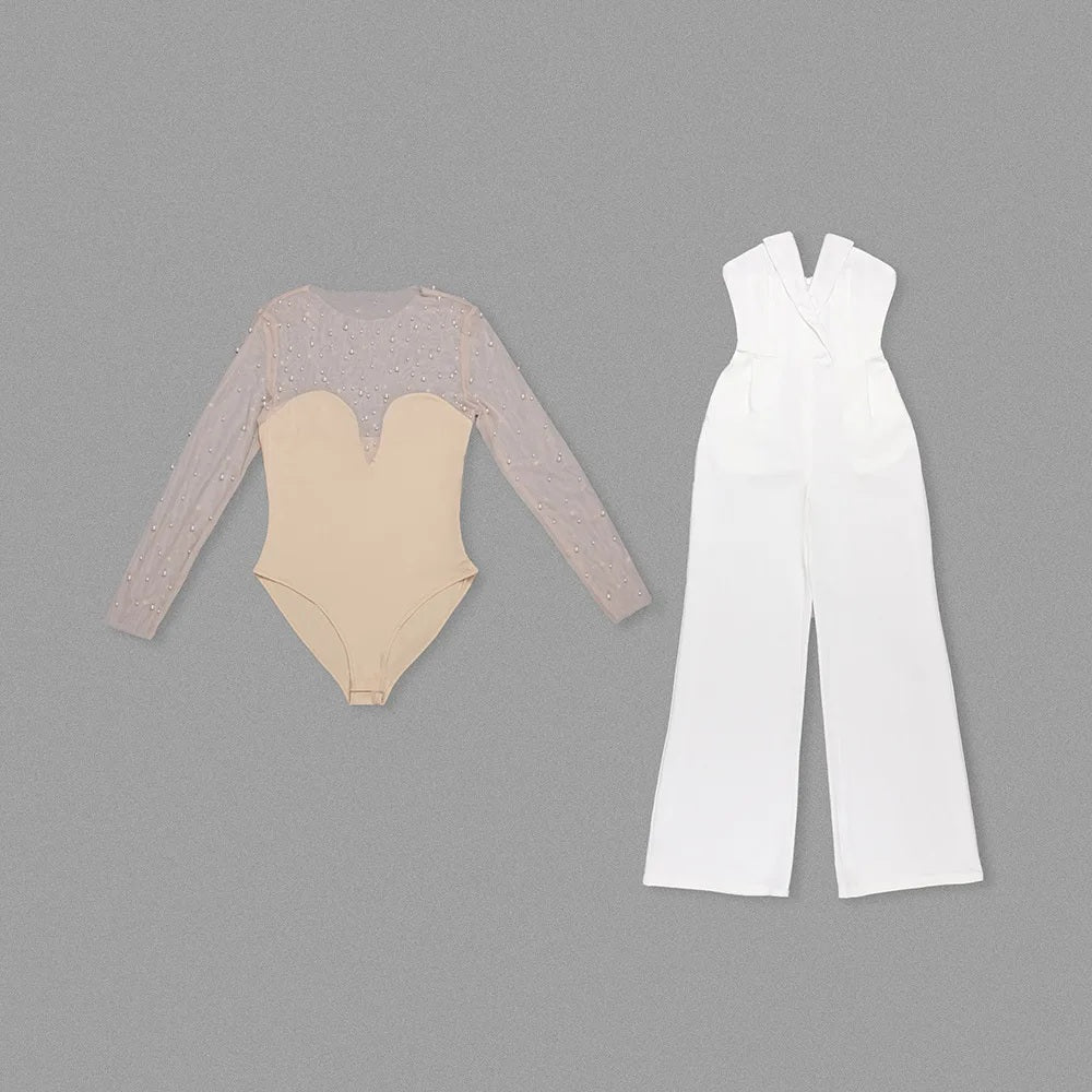 Radiant Ivory Pearl Jumpsuit Evening Dress – Detail View