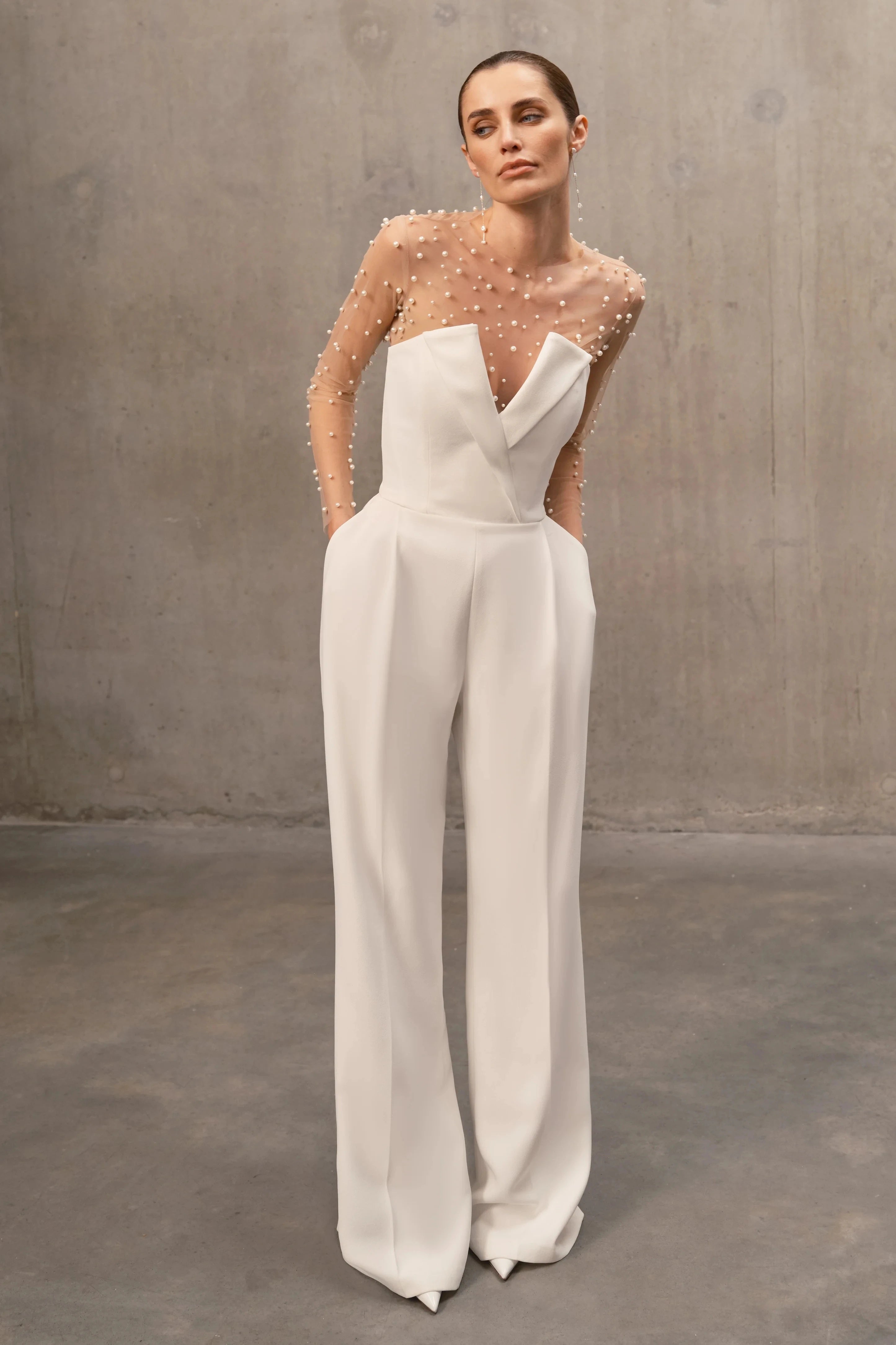 Radiant Ivory Pearl Jumpsuit Evening Dress – Back View