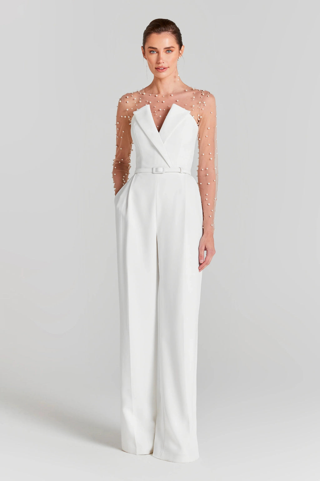 Radiant Ivory Pearl Jumpsuit Evening Dress – Flow Shot