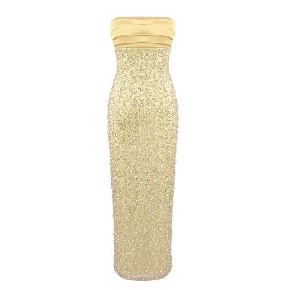 Polished Golden Reverie Evening Dress – Draped Look