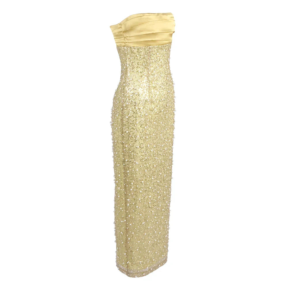 Polished Golden Reverie Evening Dress – Worn View