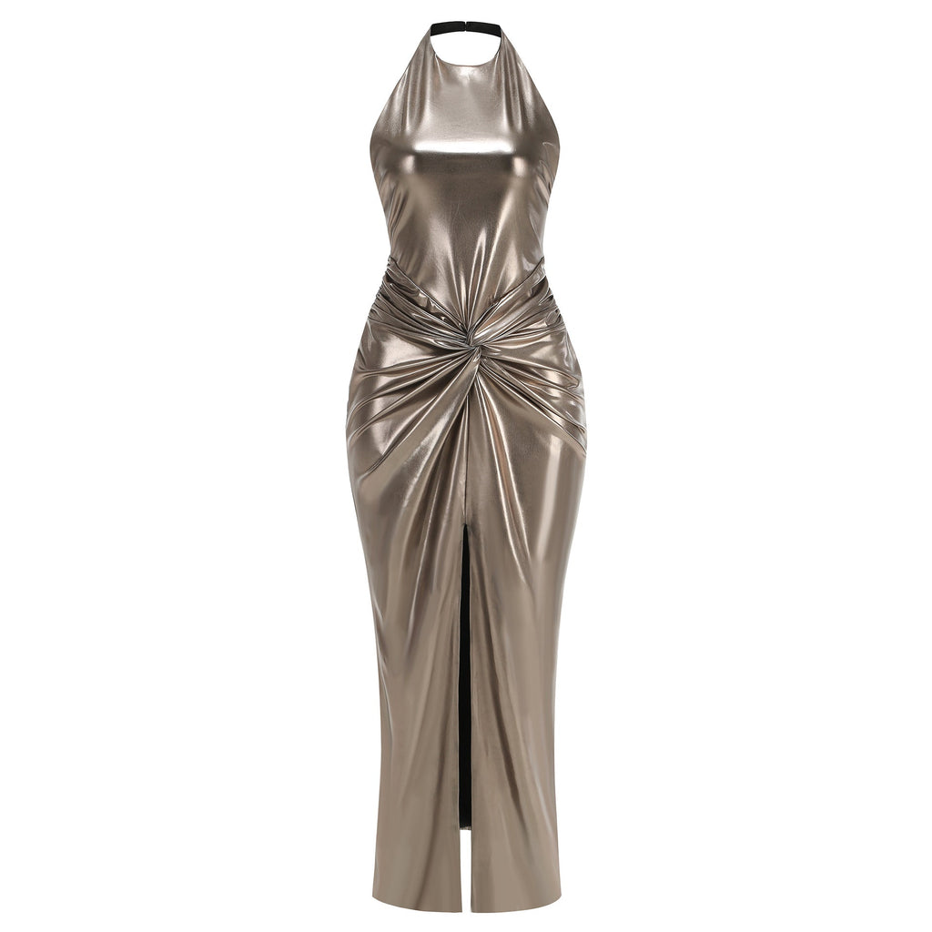 Elegant Liquid Gold Evening Dress – Draped Look