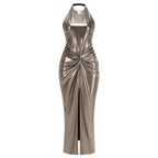 Elegant Liquid Gold Evening Dress – Draped Look
