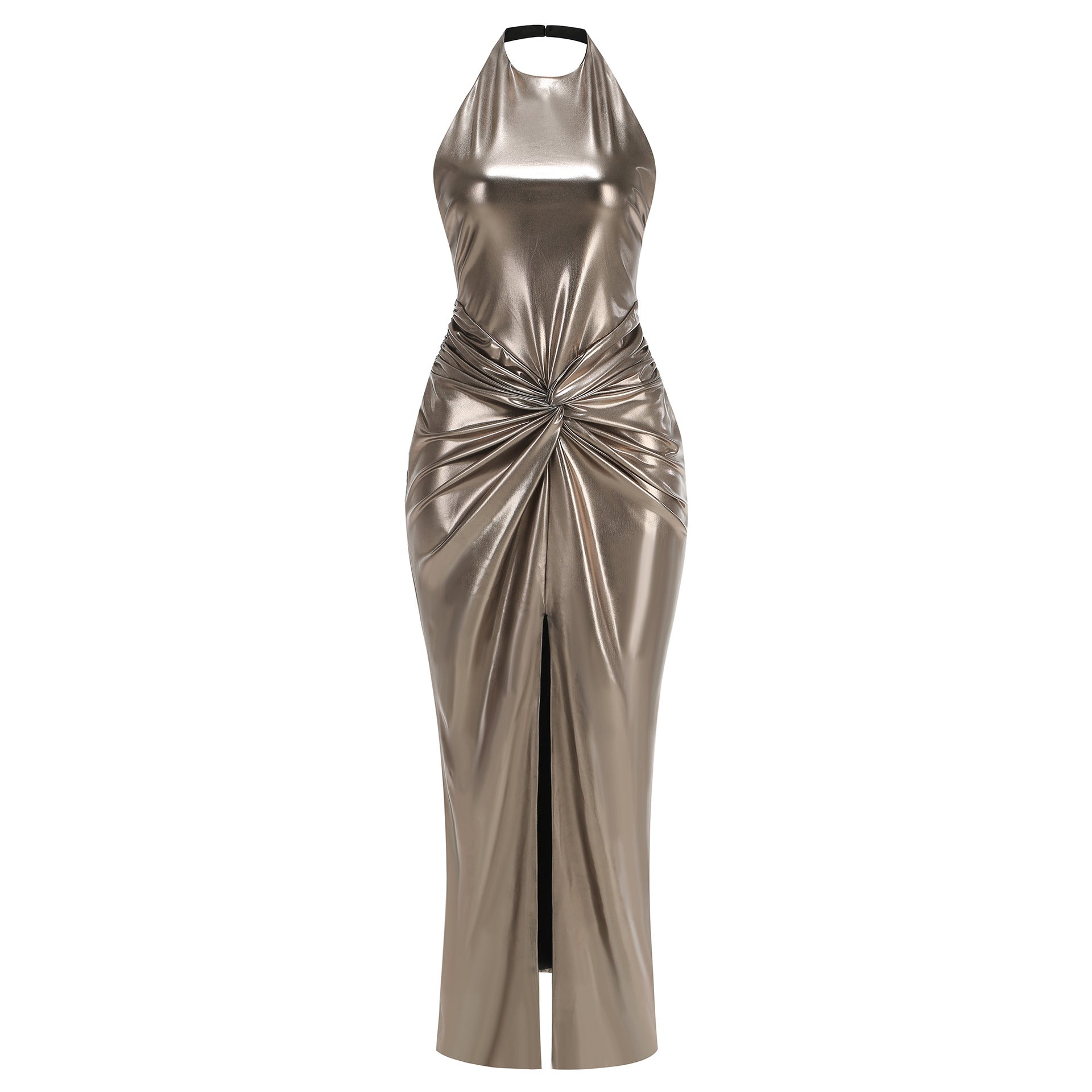 Elegant Liquid Gold Evening Dress – Draped Look