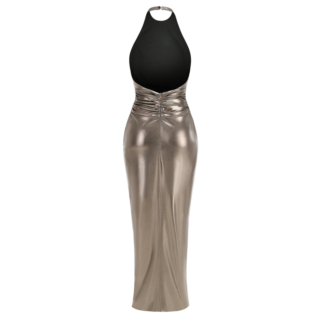 Elegant Liquid Gold Evening Dress – Worn View