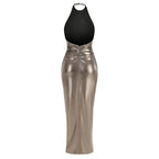 Elegant Liquid Gold Evening Dress – Worn View