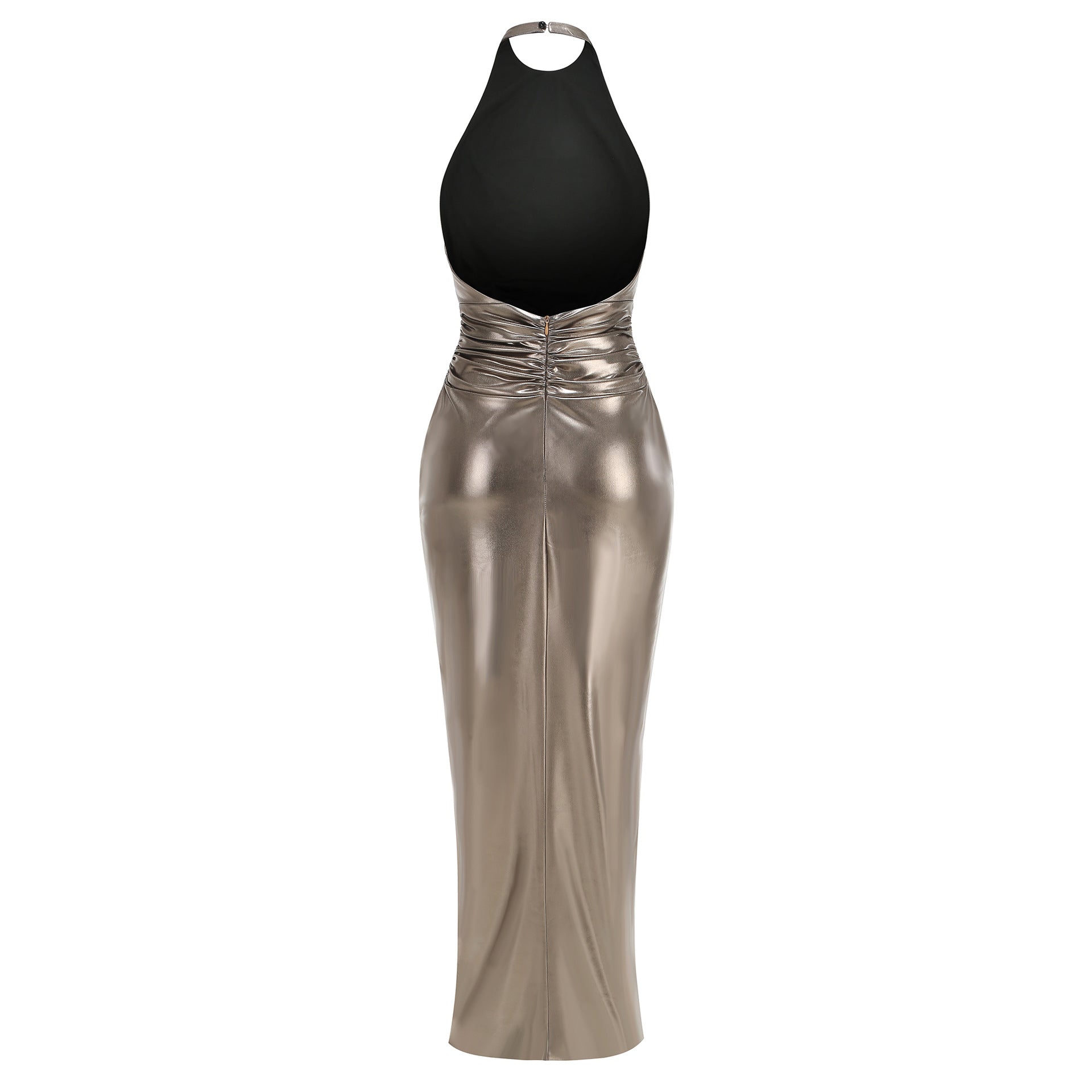 Elegant Liquid Gold Evening Dress – Worn View