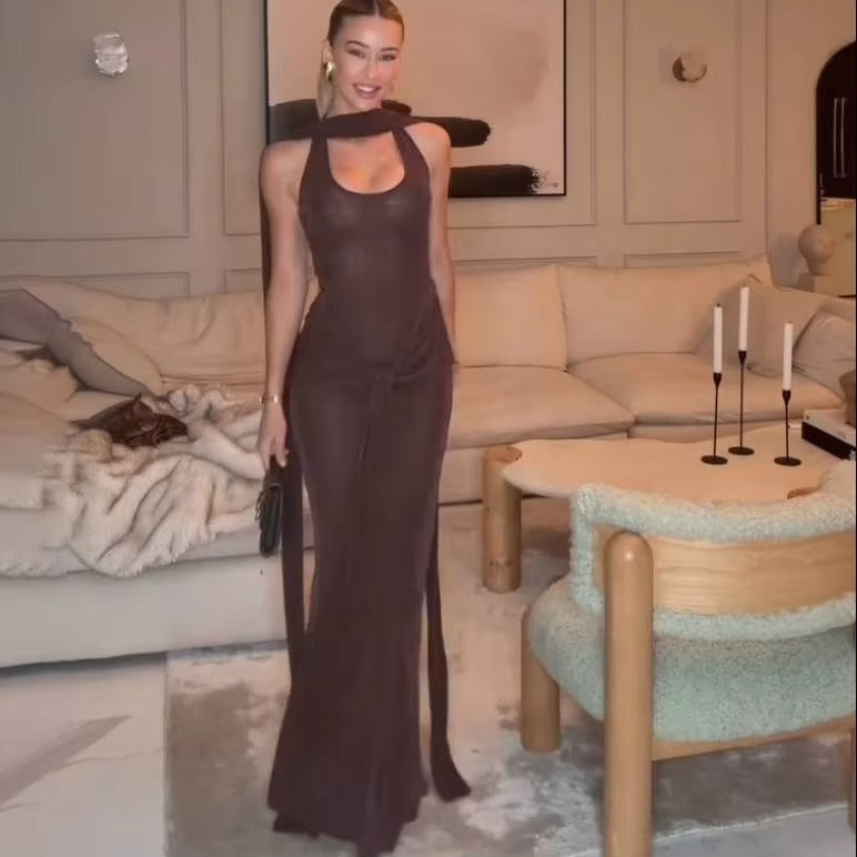 Timeless Umber Veil Evening Dress – Front View