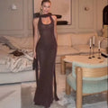 Timeless Umber Veil Evening Dress – Front View