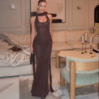 Timeless Umber Veil Evening Dress – Front View