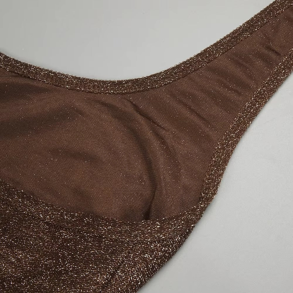 Timeless Umber Veil Evening Dress – Studio View
