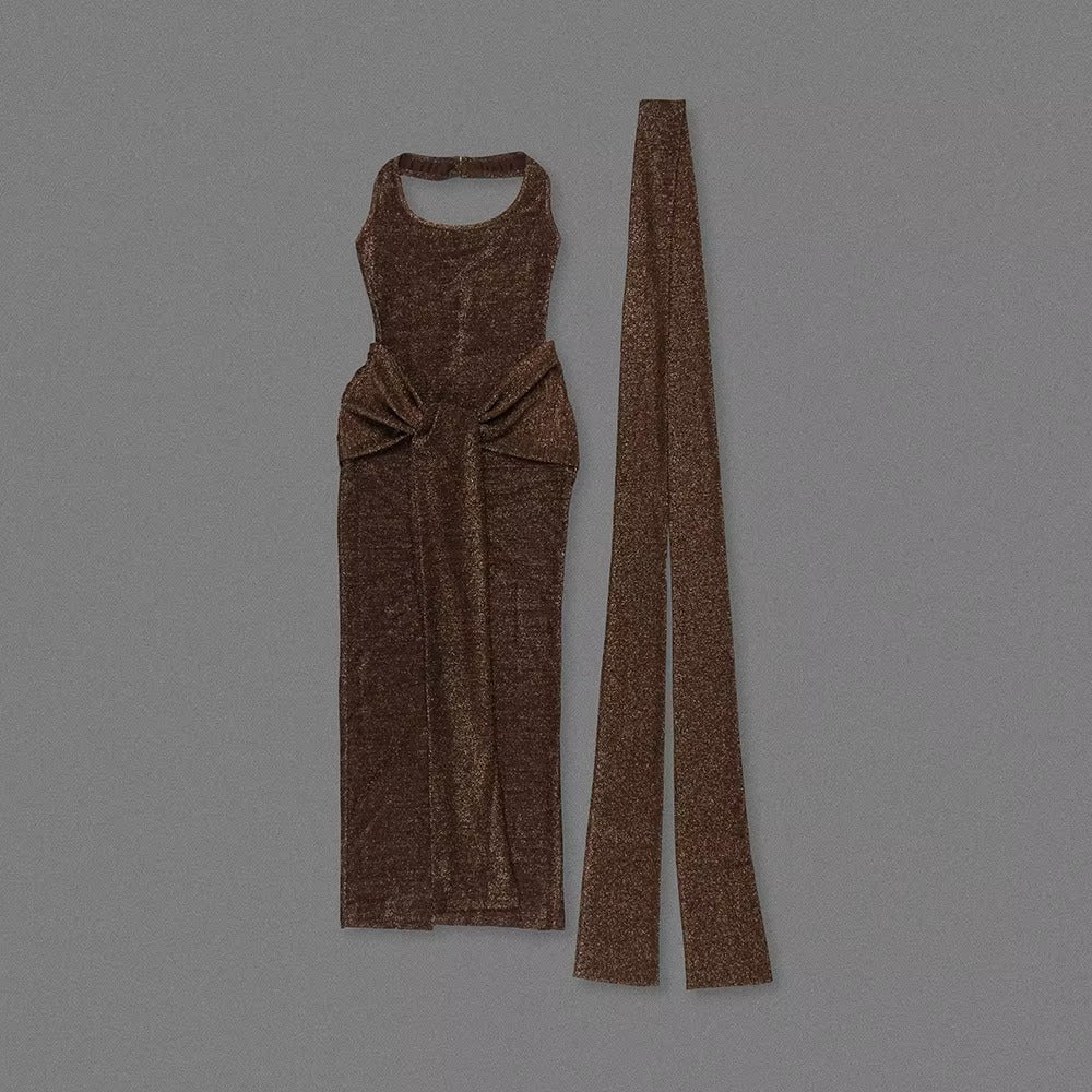 Timeless Umber Veil Evening Dress – Silhouette