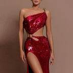 Polished Scarlet Inferno Evening Dress – Side View