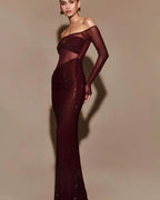 Luxe Burgundy Veil Evening Dress – Detail View