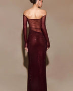 Luxe Burgundy Veil Evening Dress – Side View