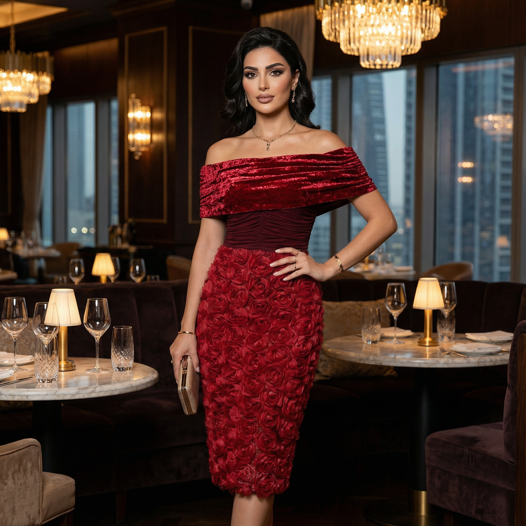 Exquisite Velvet Bloom Evening Dress – Front View