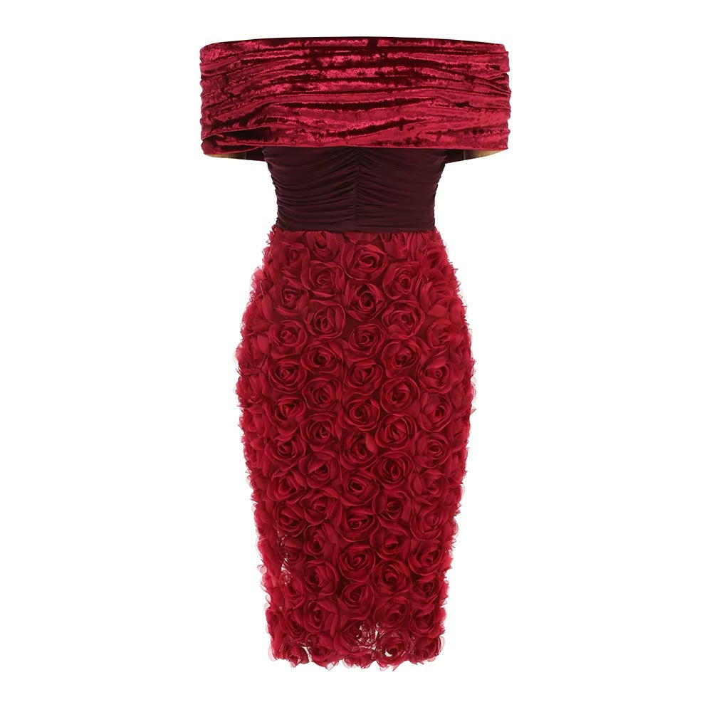 Exquisite Velvet Bloom Evening Dress – Model View