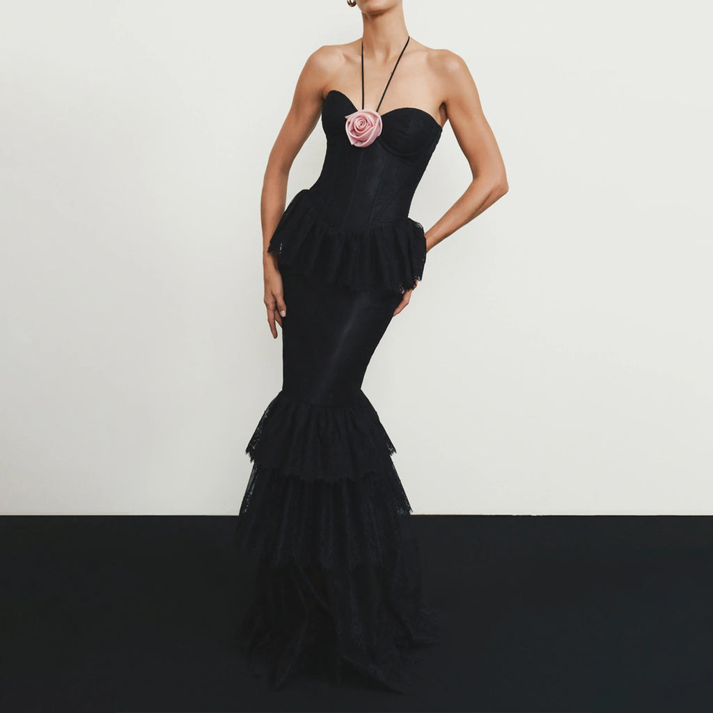 Radiant Midnight Rose Evening Dress – Front View