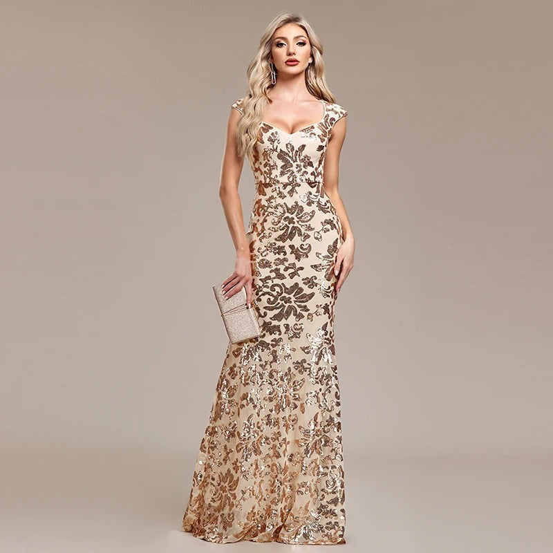 Stunning Golden Bloom Evening Dress – Front View