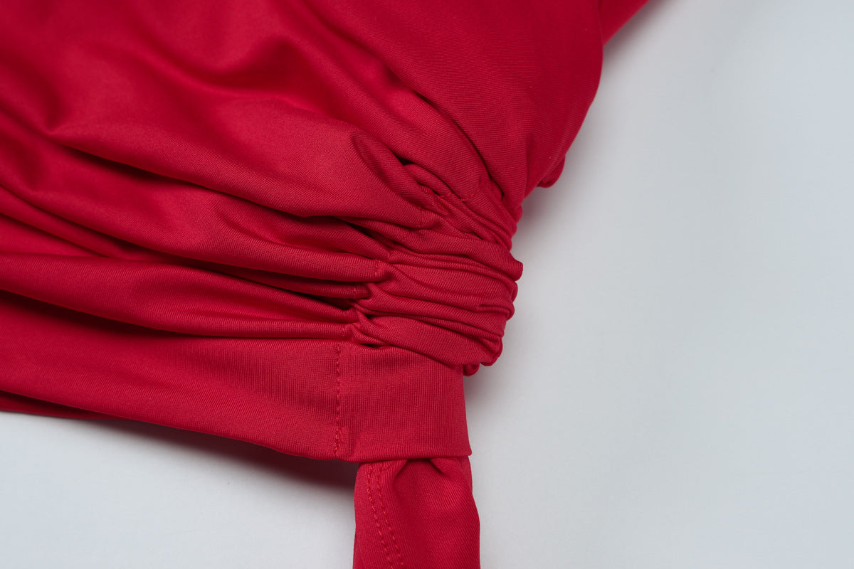 Elegant Scarlet Drape Cocktail Dress – Close Up