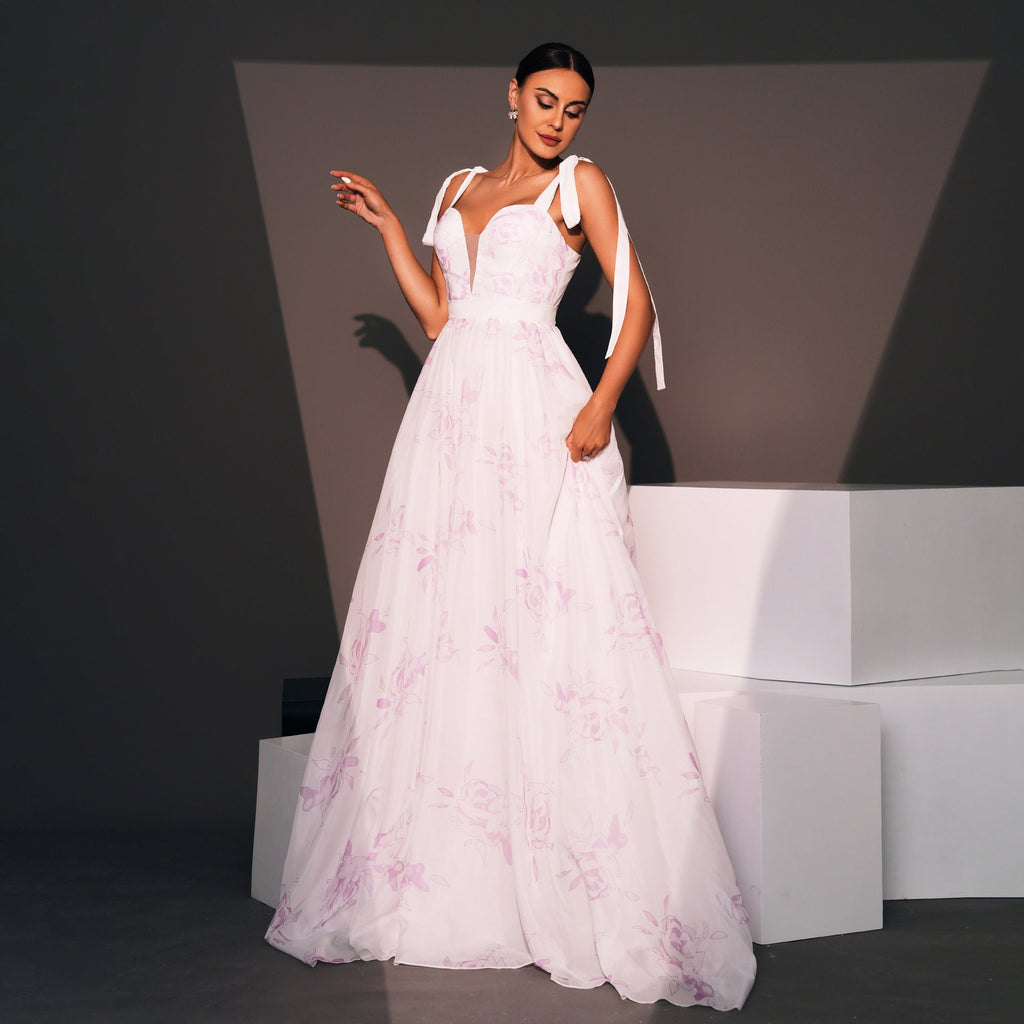 Chic Petal Mist Evening Dress – Full Length