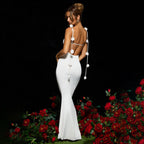Alluring Rosette Whisper Evening Dress – Worn View