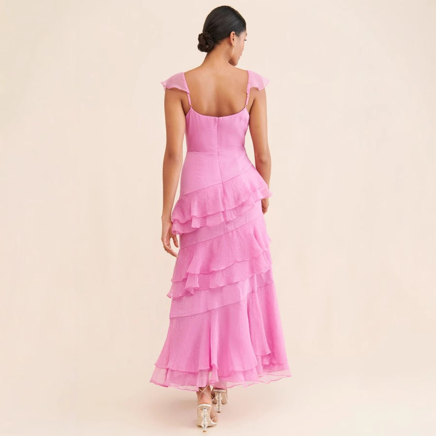 Radiant Rosé Ruffles Evening Dress – Side View