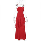 Graceful Rouge Cascade Evening Dress – Close Up