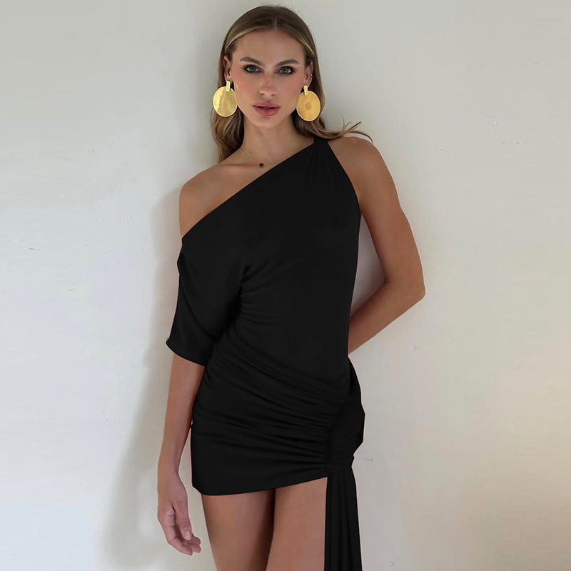 Elegant Scarlet Drape Cocktail Dress – Worn View