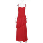 Graceful Rouge Cascade Evening Dress – Full Length