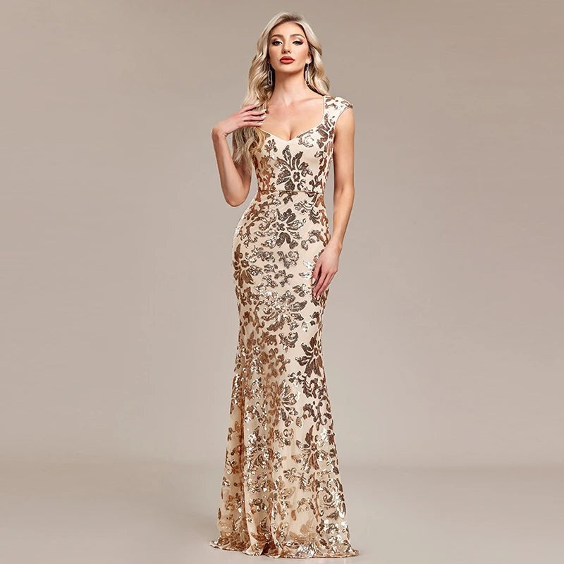 Stunning Golden Bloom Evening Dress – Full Length