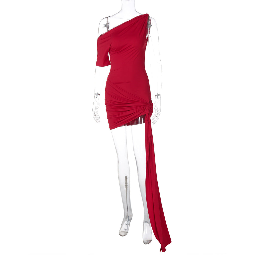 Elegant Scarlet Drape Cocktail Dress – Silhouette